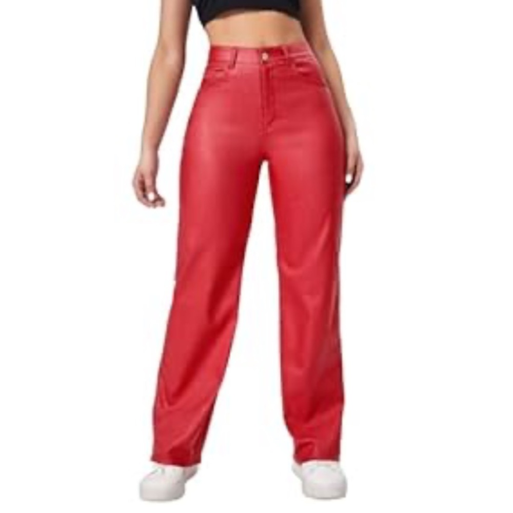 Verdusa Women's High Waist Leather Leggings Pocket Straight Wide Leg PU Pants